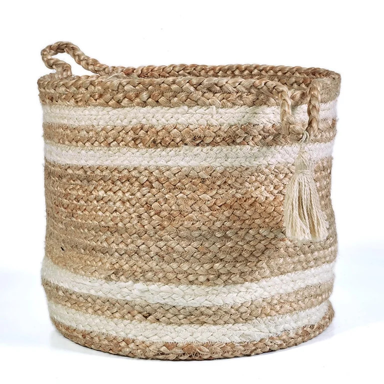 LR Home Braided Round Jute 19" Storage Basket with Handles, Tan/White Double Stripe | Walmart (US)