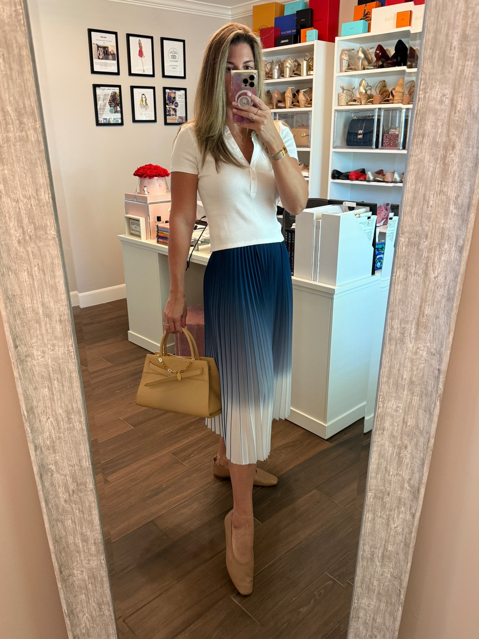 My bag and shoes are currently on sale so if you’re looking to stock up on neutral accessories now is your time to strike! 

My shirt runs TTS. Wearing a size S. It’s the perfect length to pair with skirts - no tucking required! (Tall girl friendly too!)

Flats run TTS. 

#LTKSaleAlert #LTKWorkwear #LTKOver40