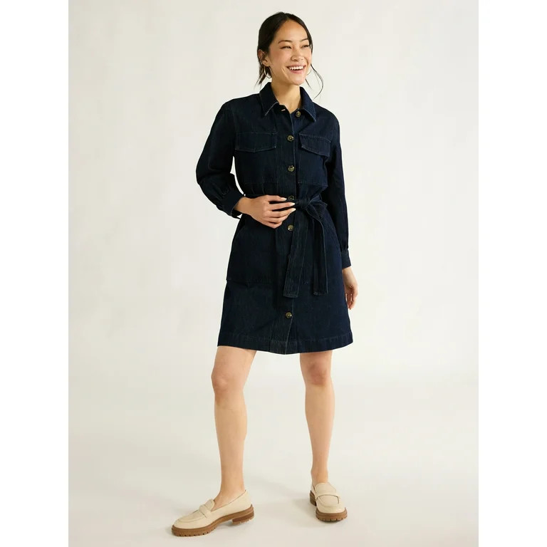 Free Assembly Women's Belted Denim Utility Mini Dress with Long Sleeves, Sizes XS-XXL | Walmart (US)