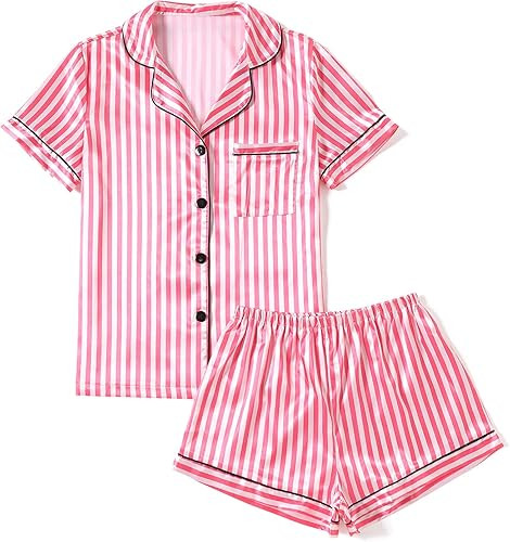 LYANER Women's Striped Silky Satin Pajamas Short Sleeve Top with Shorts Sleepwear PJ Set | Amazon (US)