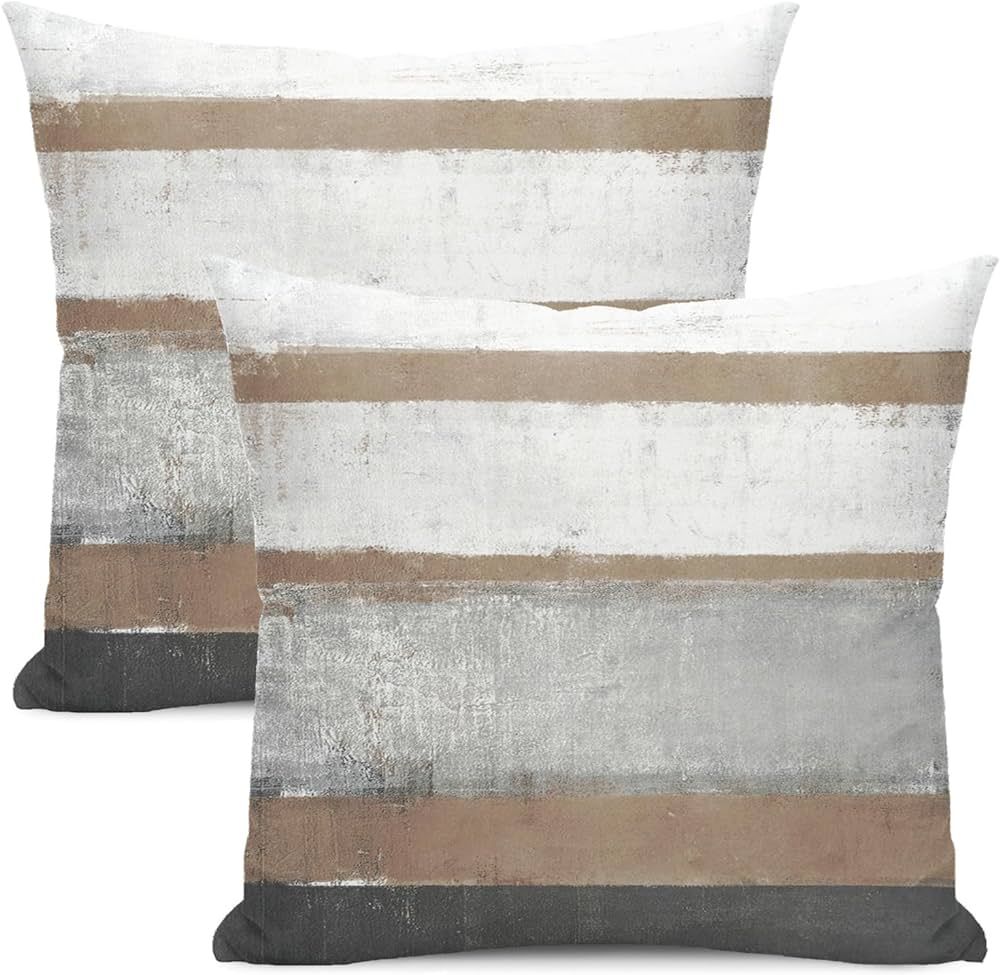 Outdoor Brown Pillow Covers 20x20 Set of 2 Light Brown Gray Striped Decorative Throw Pillow Cotto... | Amazon (US)