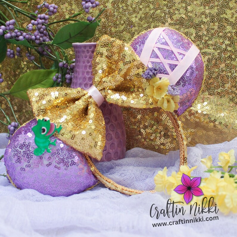 Rapunzel Long Golden Hair Princess Sequin Ears Purple, Gold & Pink Glitter Bow With Yellow Flower... | Etsy (US)