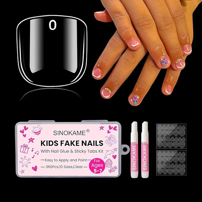 Kids Press on Nails Clear, SINOKAME 360 Pcs Kids Fake Nails Set with Nail glue & Sticky Tabs,DIY ... | Amazon (US)