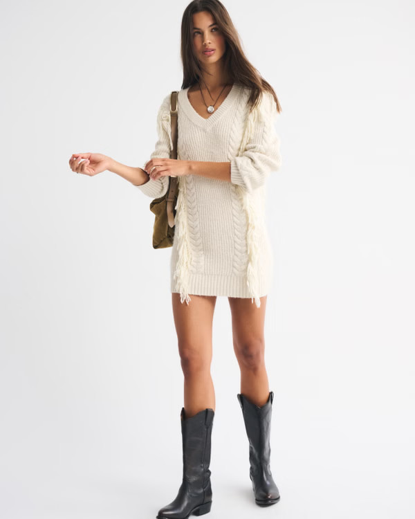 V-Neck Fringe Mini Sweater Dress | Abercrombie & Fitch (US)