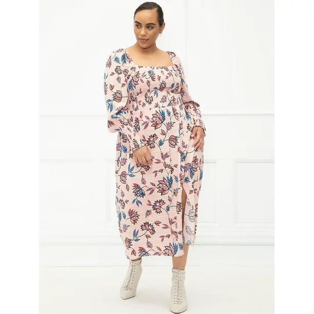 ELOQUII Elements Women's Plus Size Floral Print Midi Dress with Smocked Bodice | Walmart (US)