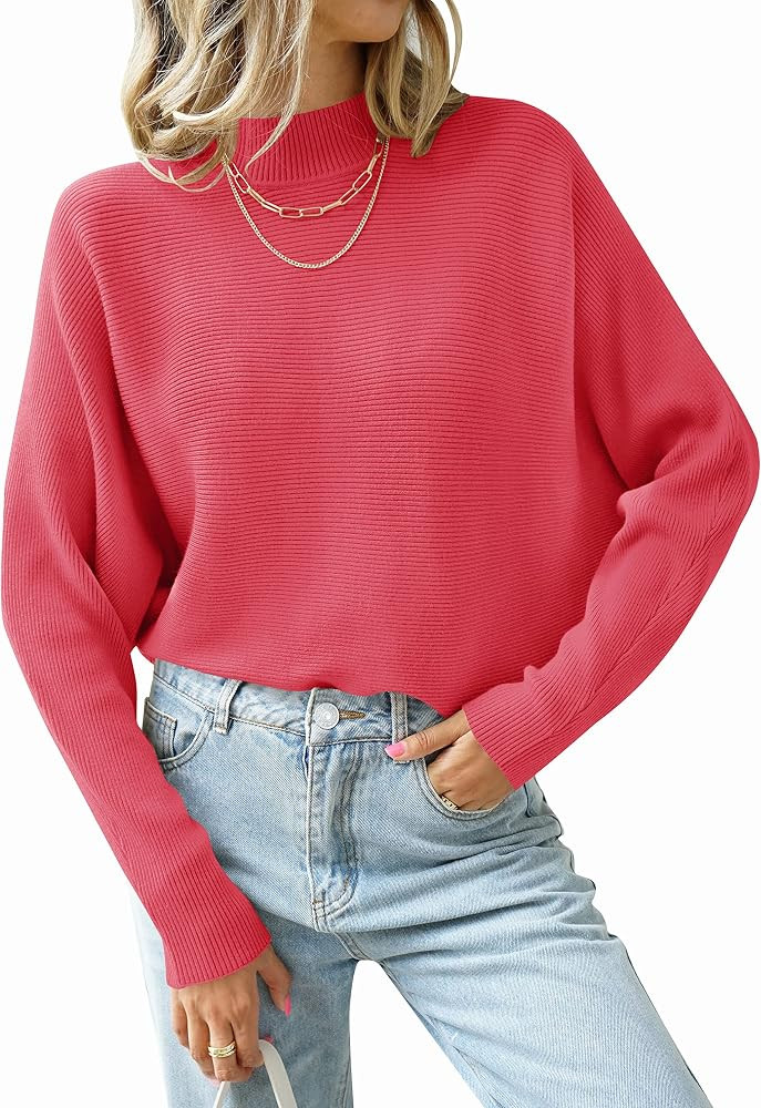 ZESICA Women's 2024 Fall Turtleneck Batwing Long Sleeve Ribbed Knit Casual Soft Pullover Sweater ... | Amazon (US)
