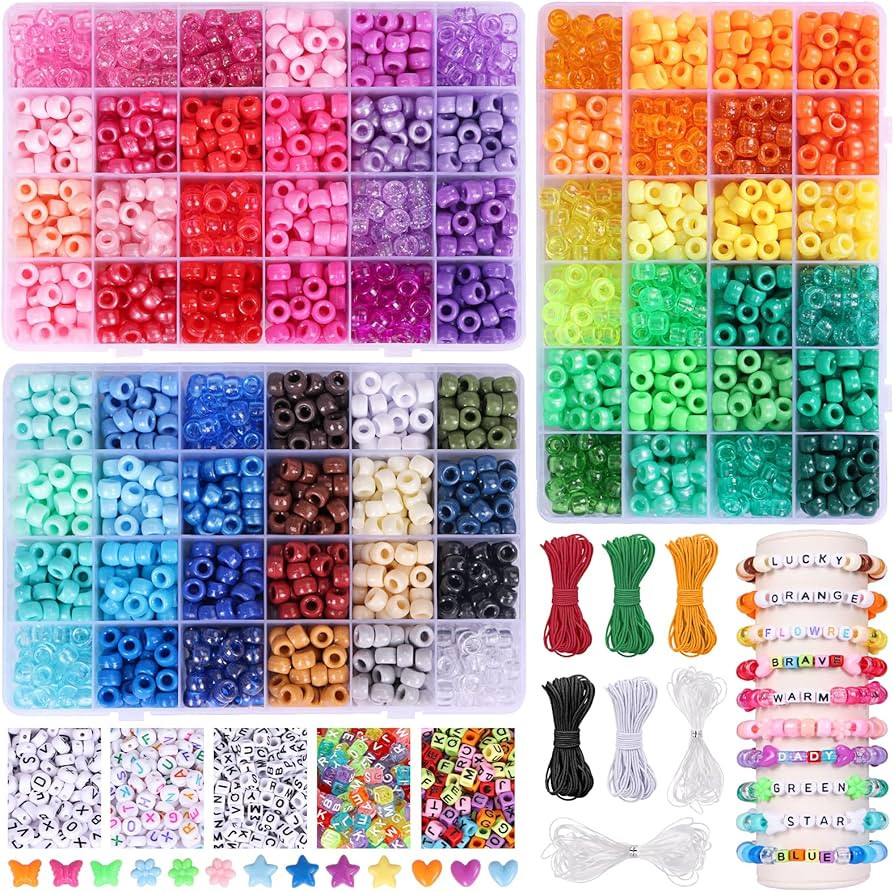 QUEFE 4700pcs, 72 Colors Pony Beads Rainbow Kandi Bead for Bracelets Making Kit, 3600pcs 9mm Plas... | Amazon (US)