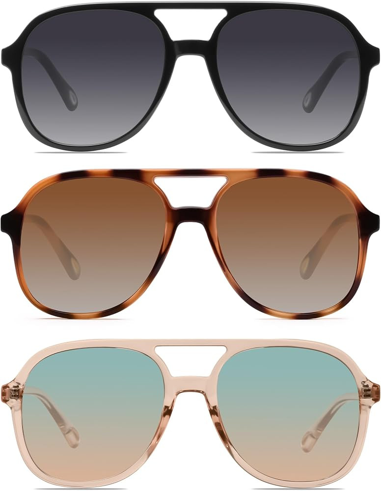 Retro Square Aviator Sunglasses for Womens Mens Vintage 70s Double Bridge Sun Glasses | Amazon (US)