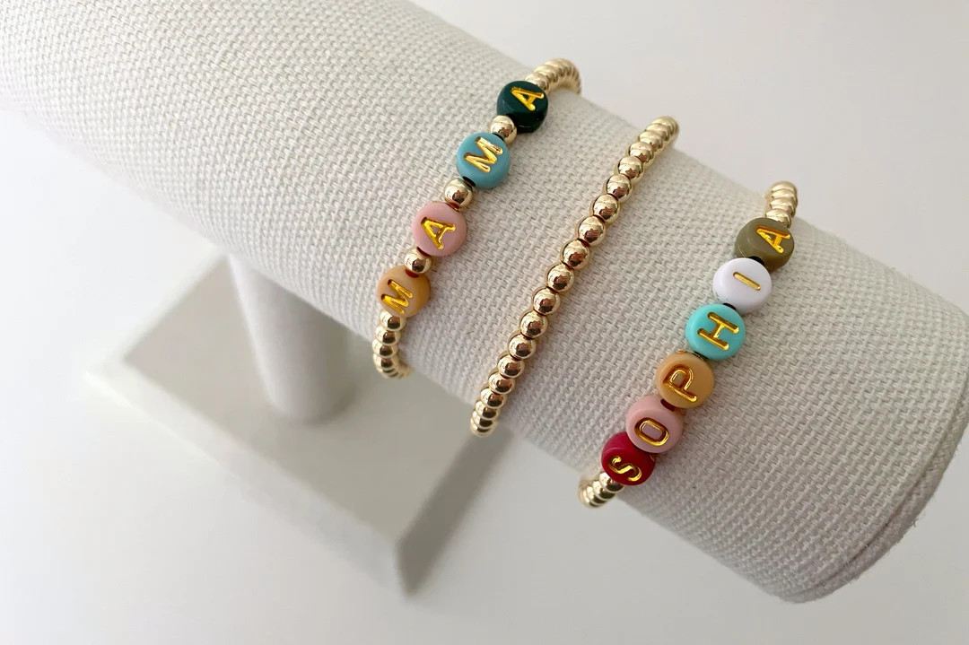 Colorful Letter Bead Bracelets 14k Gold Bead Bracelets Name Bracelets Beaded Name Bracelets Initi... | Etsy (US)