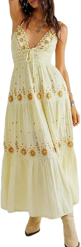 Women Boho Sleeveless Halter Neck Dress Floral Embroidery Backless Tiered Maxi Dress Summer Flowy... | Amazon (US)