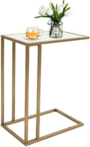 Gold Marble C Shaped Snack Table, Rectangle End Side Table Slide Under Couch for Sofa Coffee Lapt... | Amazon (US)