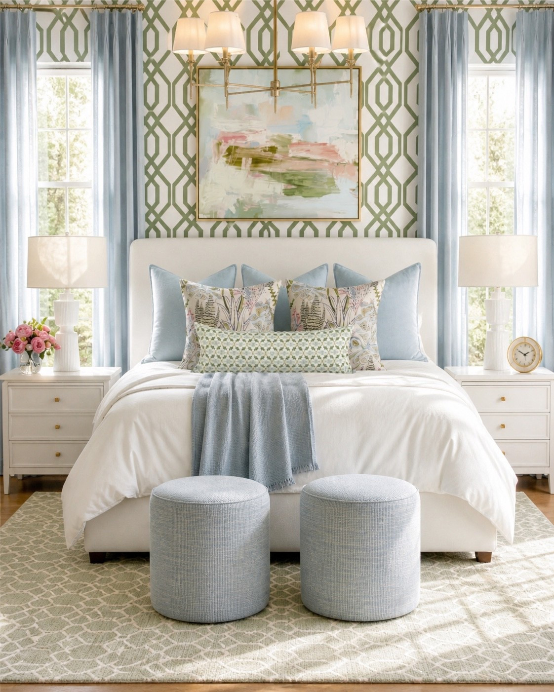 A dreamy blue and green pattern filled space 

#bedroom #bed #wallpaper #homedecor #bedding

#LTKmomlife #LTKHome #LTKSaleAlert