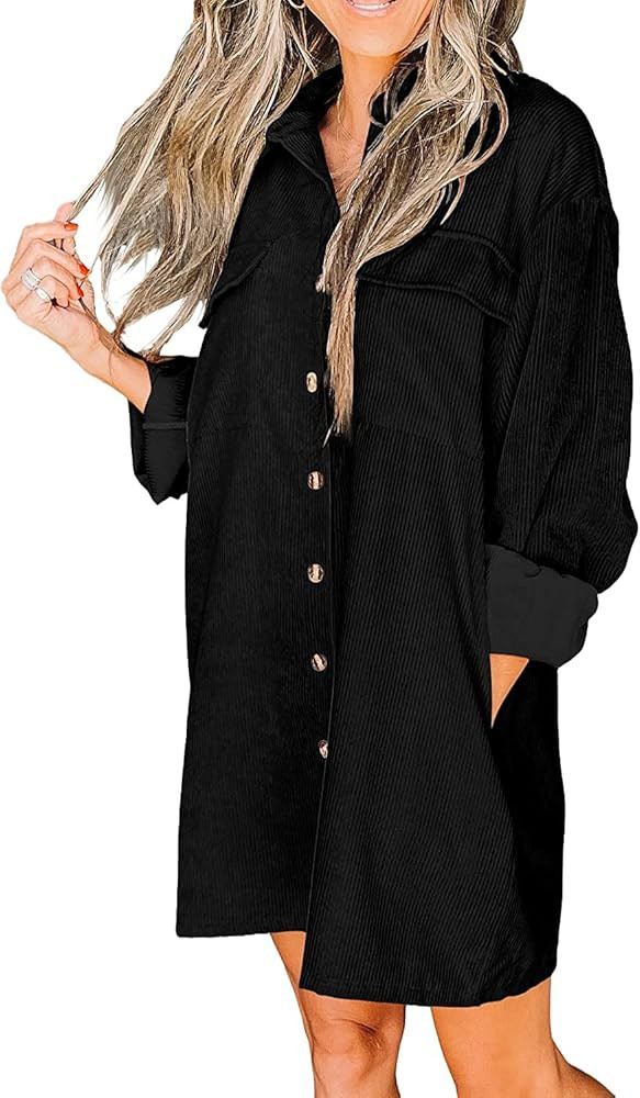 Womens Corduroy Shirt Dress Oversized Fall Button Down Long Sleeve Dress for Women | Amazon (US)