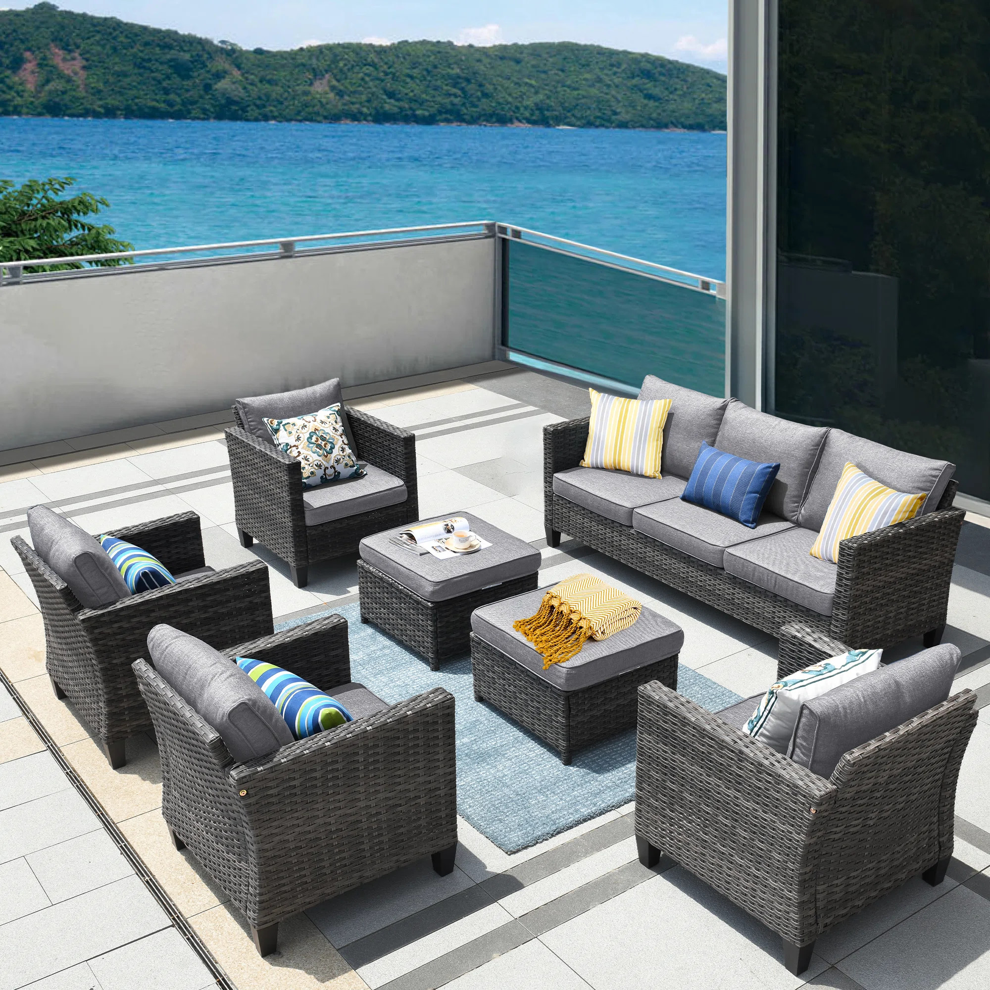 Allcot 7 - Person Wicker Rattan Patio Furniture Set with Throw Pillows, Outdoor Sofa Set with Cou... | Wayfair North America
