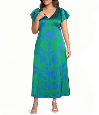 Plus Size Vallie Floral Print Ritany Empire Waist V-Neck Flutter Sleeve Satin Maxi Dress | Dillard's