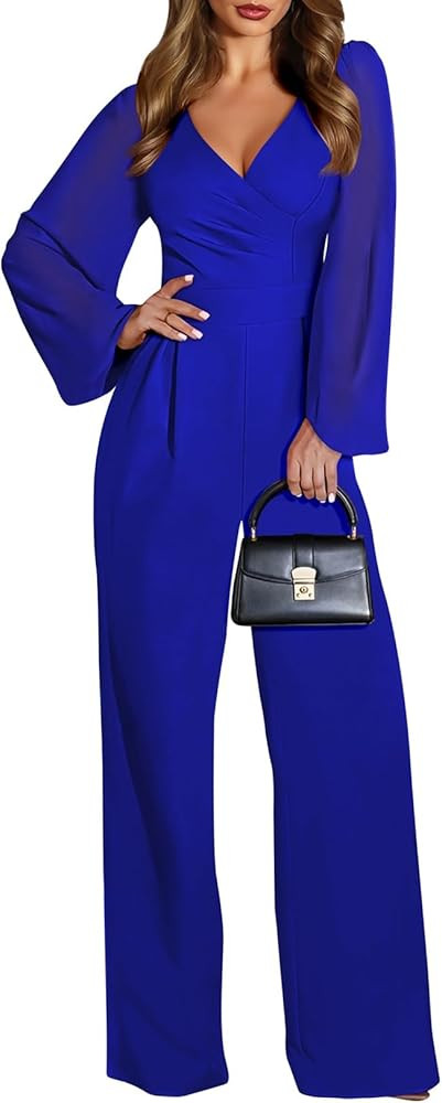 Pink Queen Jumpsuits for Women Dressy Patchwork Chiffon Sleeve V Neck Wide Leg Romper Holiday Par... | Amazon (US)