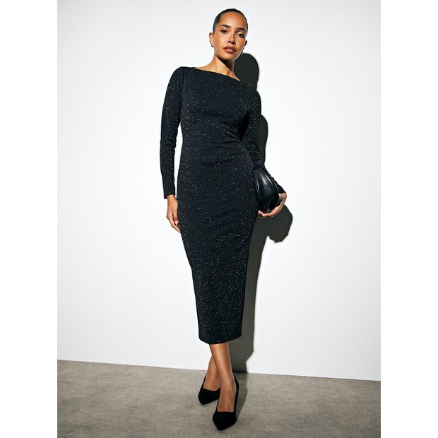 Black Shimmer Long Sleeve Midaxi Dress 14 | Tu Clothing