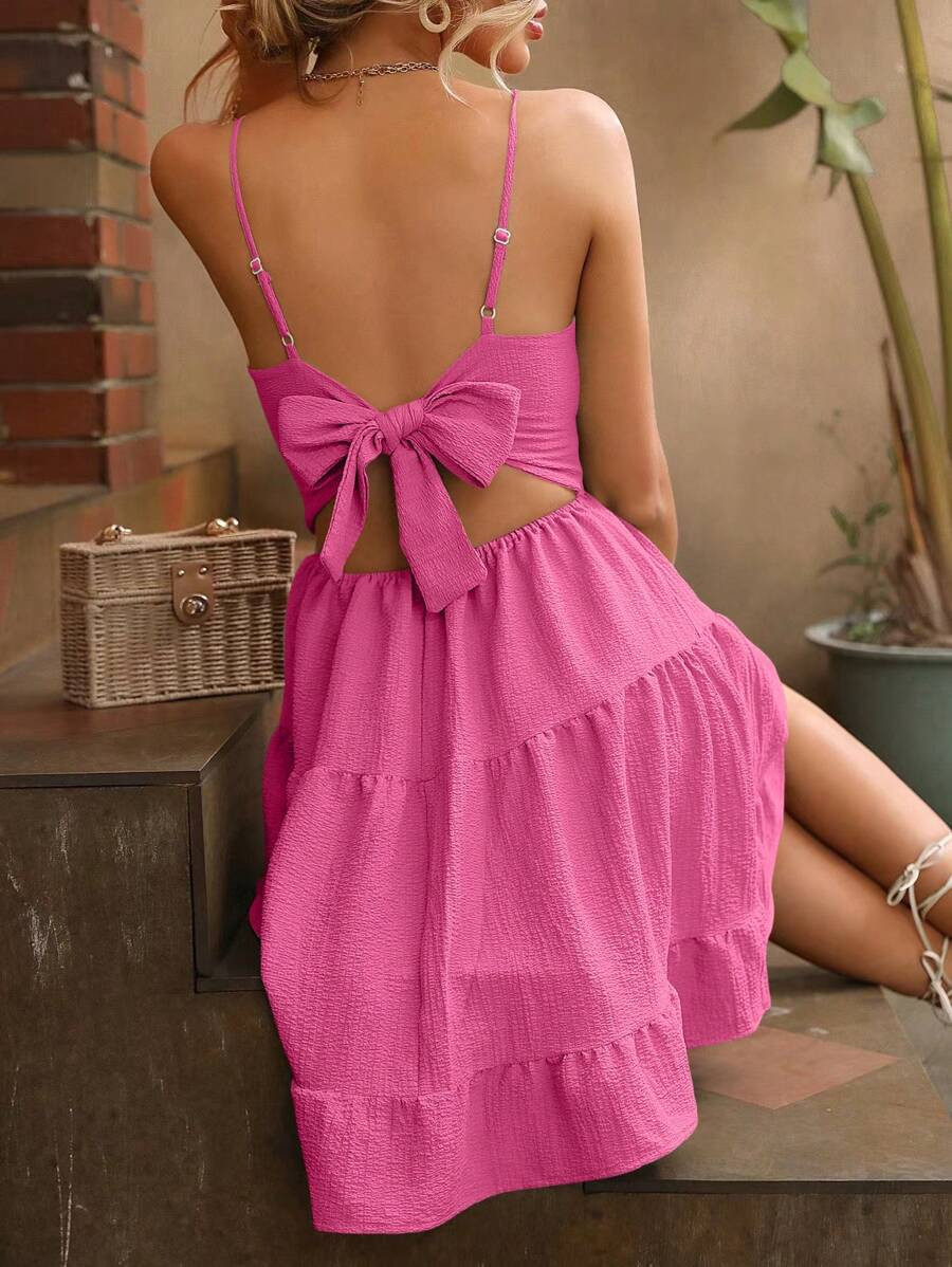 SHEIN Holidaya Summer Beach Holiday Open-Back Solid Color A-Line Halter Dress With Back Knot | SHEIN