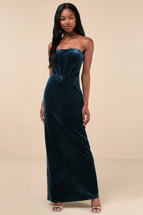 Regal Affect Teal Blue Velvet Bustier Strapless Maxi Dress | Lulus