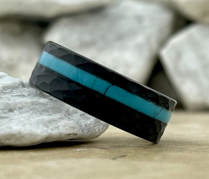 Black Hammered Turquoise Wedding Band Mens Tungsten Ring 8MM Comfort Fit Design Size 5 to 15 Male... | Etsy (US)