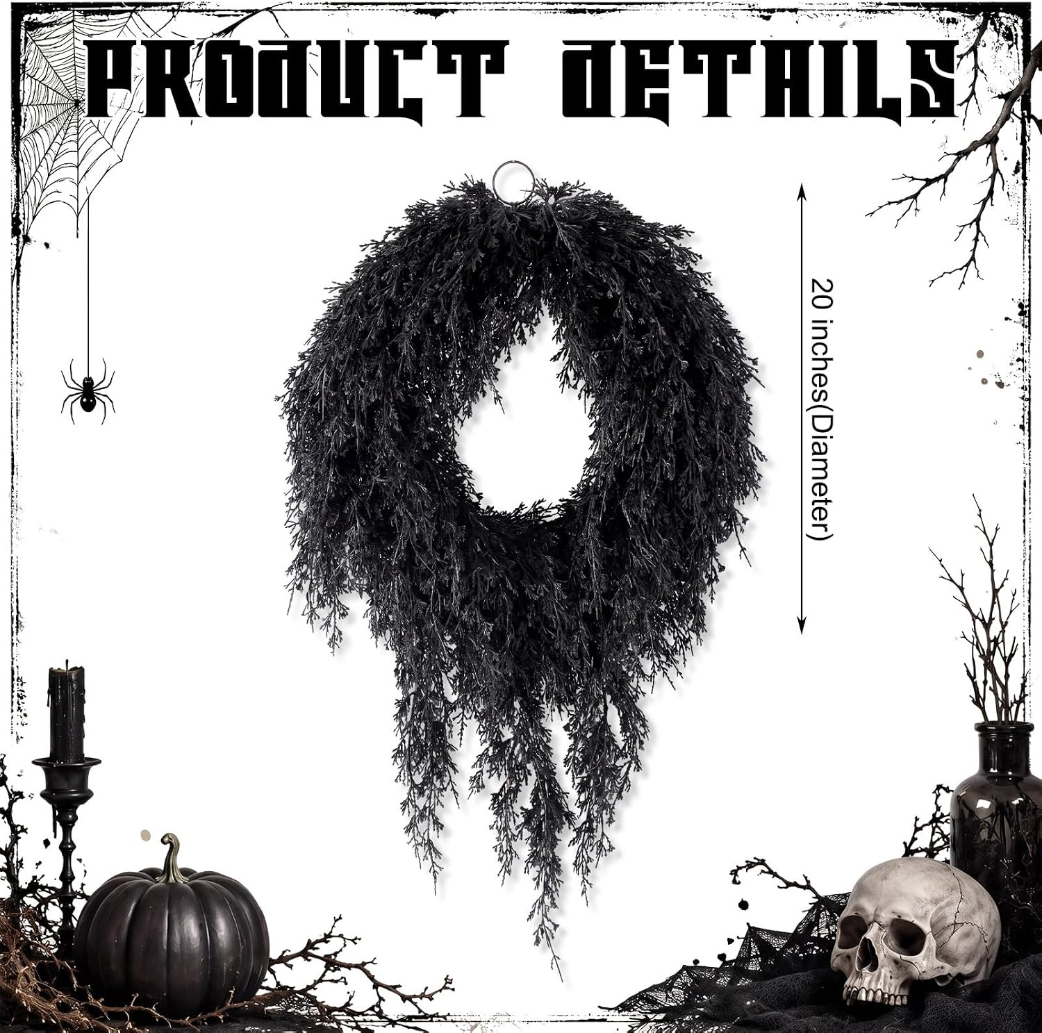 20" Black Halloween Artificial Wreath - Halloween Cedar Wreath Spooky Party Decorations for Front... | Amazon (US)