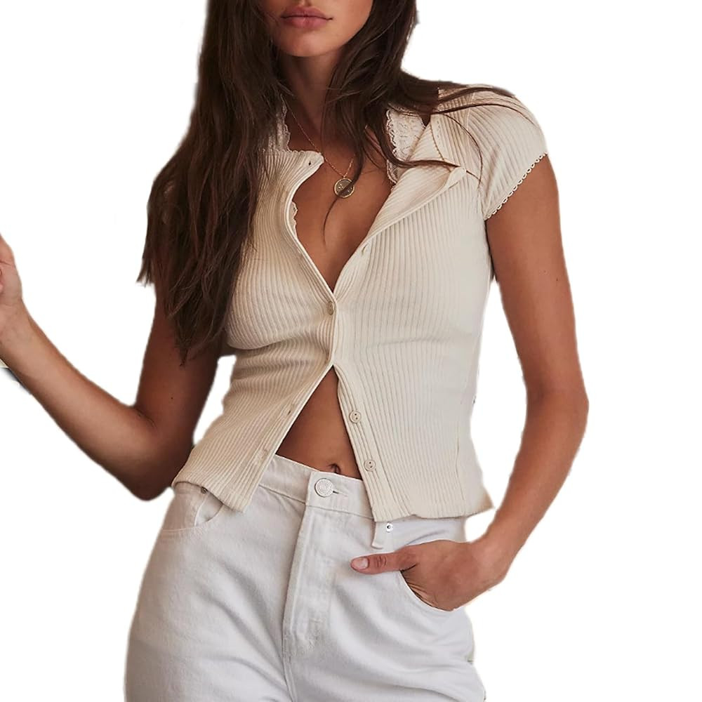 Womens Slim Fitted Shirts Short Sleeve Cardigan Button Down Blouses Y2k Ribbed Tops | Amazon (US)