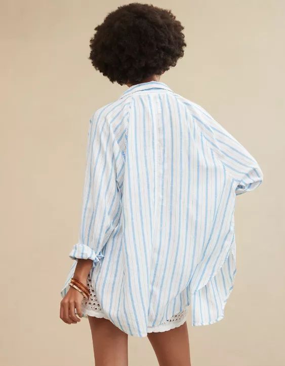 Aerie Pool-To-Party Linen Blend Cover Up Shirt | Aerie