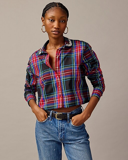 Collection embellished cropped button-up shirt in Stewart tartan cotton poplin | J. Crew US