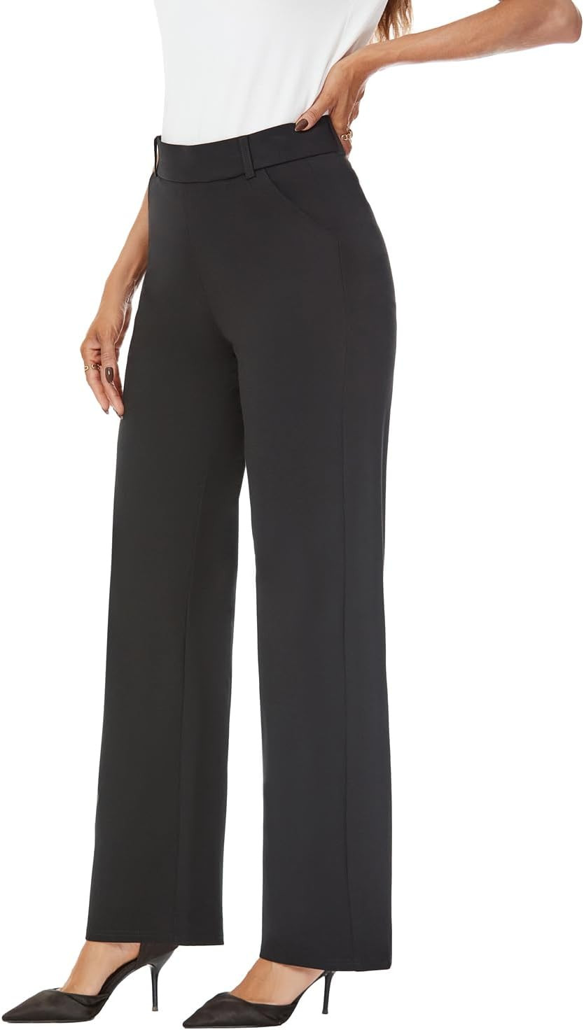 iChosy Womens Wide Straight Leg Pull-On Trousers Casual Slacks Dress Pants with Pockets | Amazon (US)