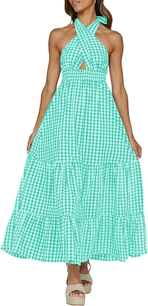 ZESICA Women's 2026 Summer Crossover Halter Neck Sleeveless Plaid Cut Out Backless Flowy A Line M... | Amazon (US)