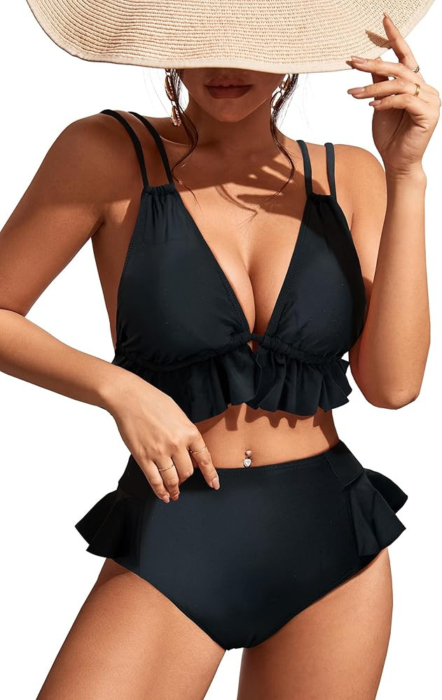 SPORLIKE Women High Waisted Swimsuit Ruffle V Neck Bikini Two Pieces Swimwear | Amazon (US)