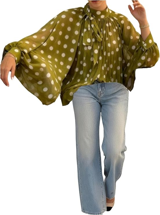 Floerns Women's Polka Dots Bishop Sleeve Shirts Tie Neck Mesh Blouse Tops | Amazon (US)