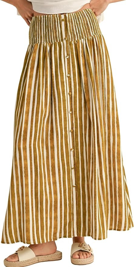 InterNos Womens Striped Maxi Skirt Trendy Front Buttons Elastic Waistband A-Line Boho Long Skirt ... | Amazon (US)