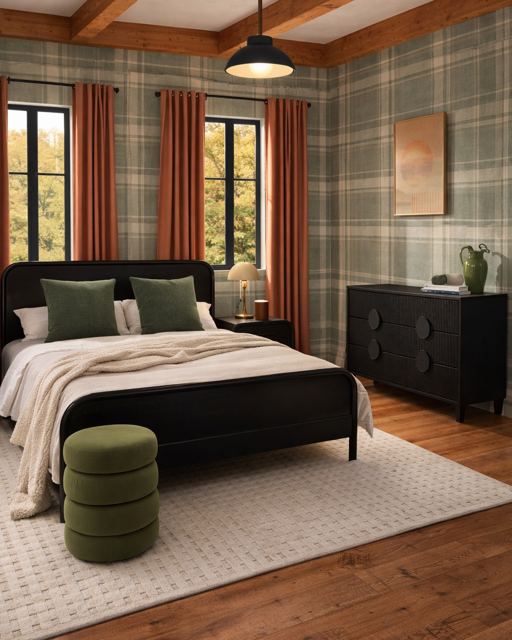 Fall bedroom design, black bed, nightstand and dresser, neutral rug, fall art, green pillows and storage ottoman. Orange curtains and plaid wallpaper. #homedecor #bedroom

#LTKSeasonal #LTKHome