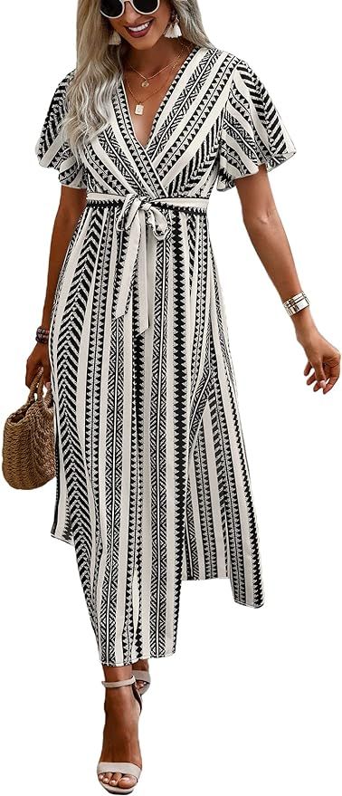 WDIRARA Women's V Neck Wrap Belted A Line Butterfly Sleeve Geo Print Slit Maxi Casual Dress | Amazon (US)