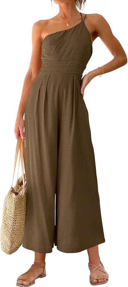 ANRABESS Women's Summer Straps One Shoulder High Waist Casual Wide Leg Linen Jumpsuit Romper with... | Amazon (US)
