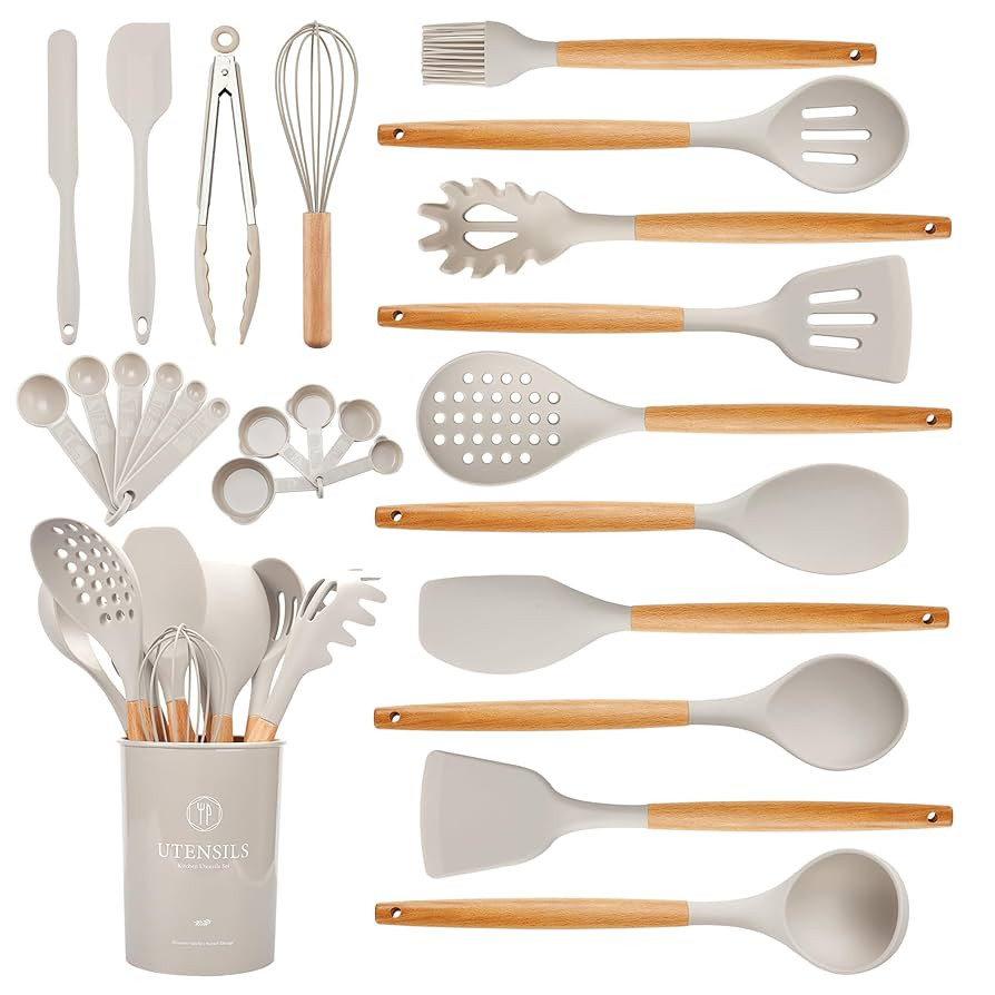 Kitchen Utensils Set with Wooden Handle, 26 Pieces Heat Resistance Silicone Cooking Utensils Set ... | Amazon (US)