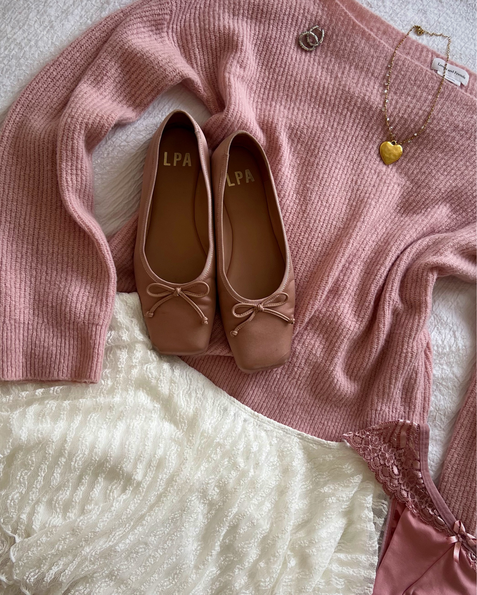 Famine clothing for girls. White skirt with a Pink off the shoulder sweater, and pink ballet flats. 

#LTKU #LTKStyleTip #LTKShoeCrush