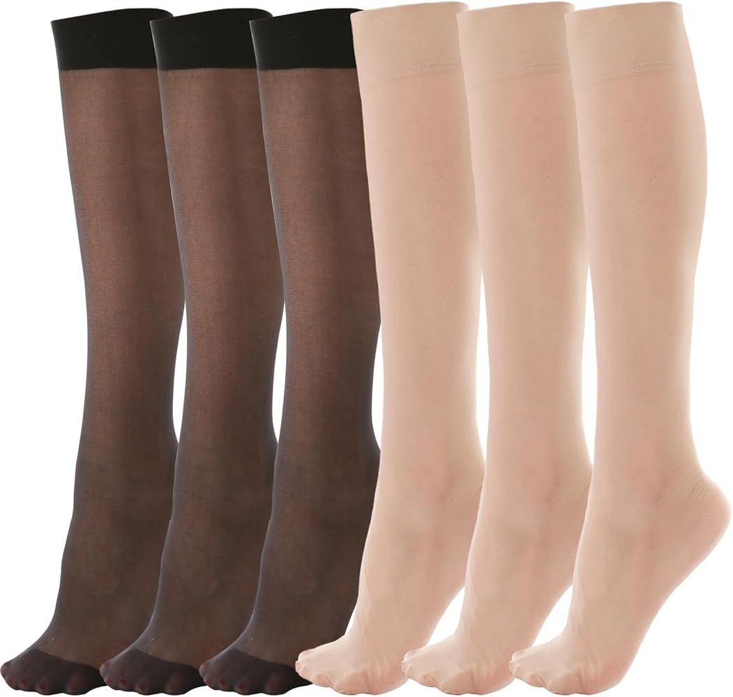 6 Pairs Knee High Stockings for Women, 20 Denier Nylon Sheer Socks with Reinforced Toes Black Nud... | Amazon (US)
