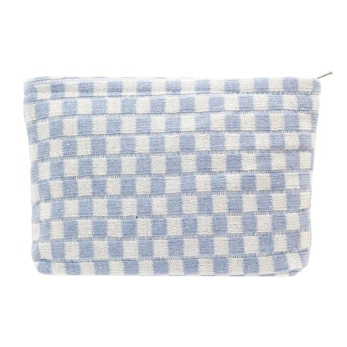PAZIMIIK Knit Checkered Makeup Bag Large Zipper Make Up Accessory Pouch for Purse Cosmetic Brush Bag for Travel Essential,Blue | Amazon (US)