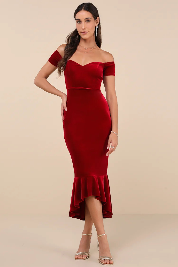 How Much I Care Wine Red Velvet Off-the-Shoulder Midi Dress | Lulus