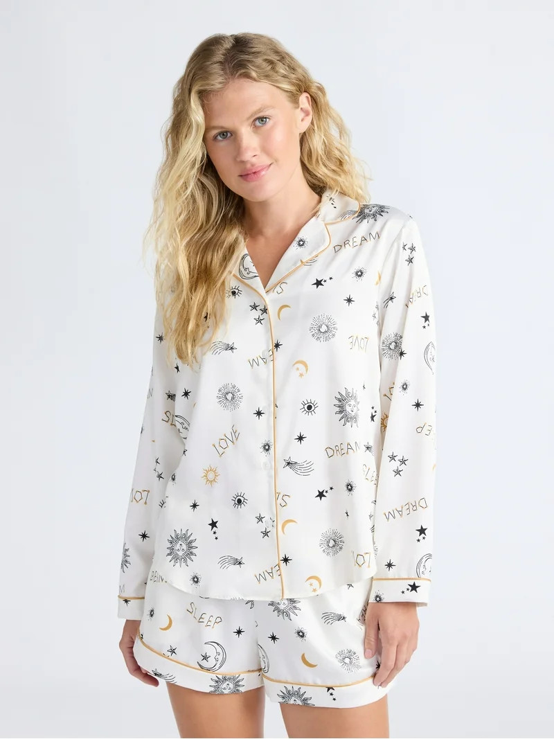 Joyspun Women’s Stretch Satin Notch Long Sleeve Top and Shorts Pajama Set, 2-Piece, Sizes XS-3X... | Walmart (US)