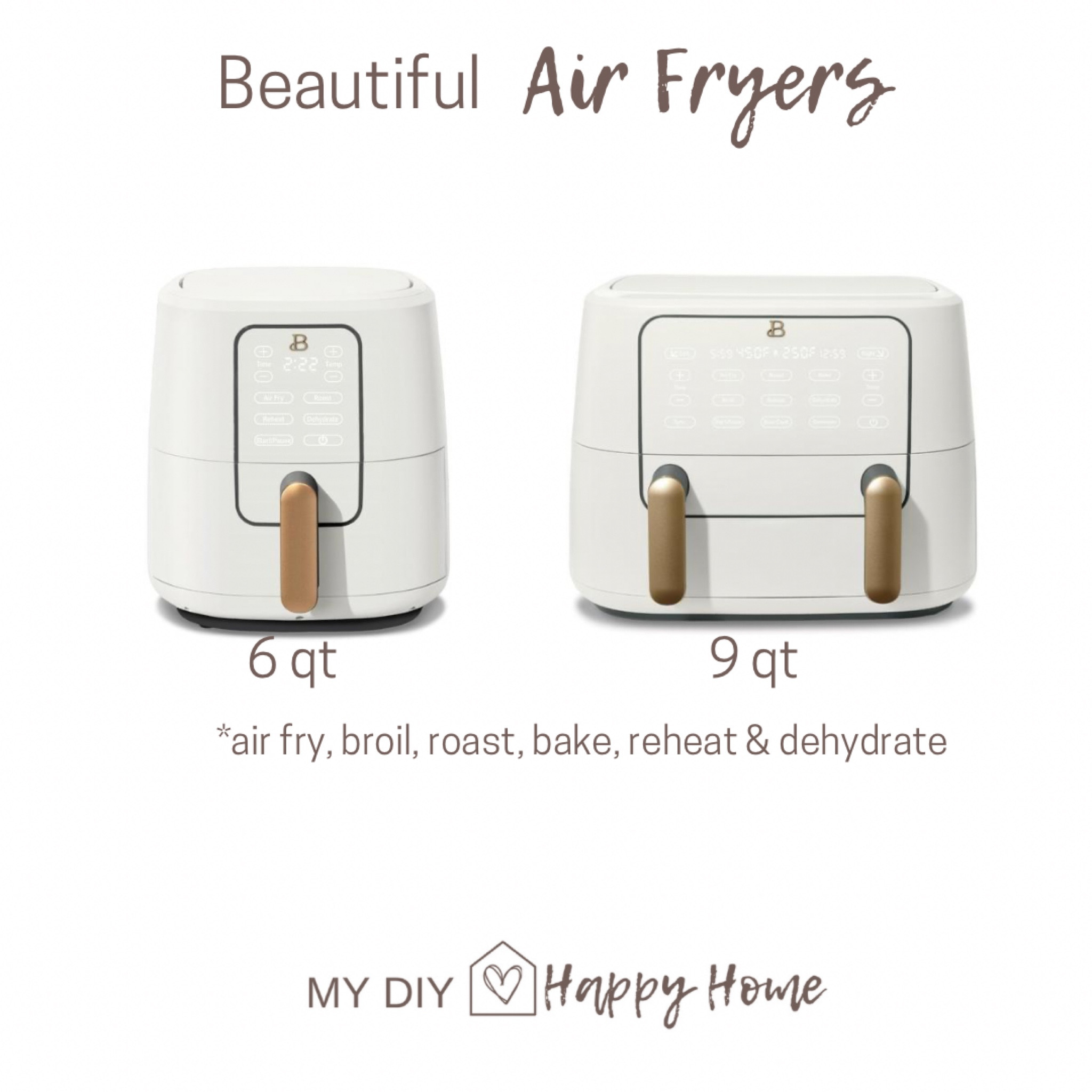 Drew Barrymore Beautiful line of air fryers. 2 sizes: 6 or 9 quart. 

Able to: air fry, broil, roast, bake, reheat & dehydrate.

Several color options. 

#LTKsalealert #LTKhome #LTKFind