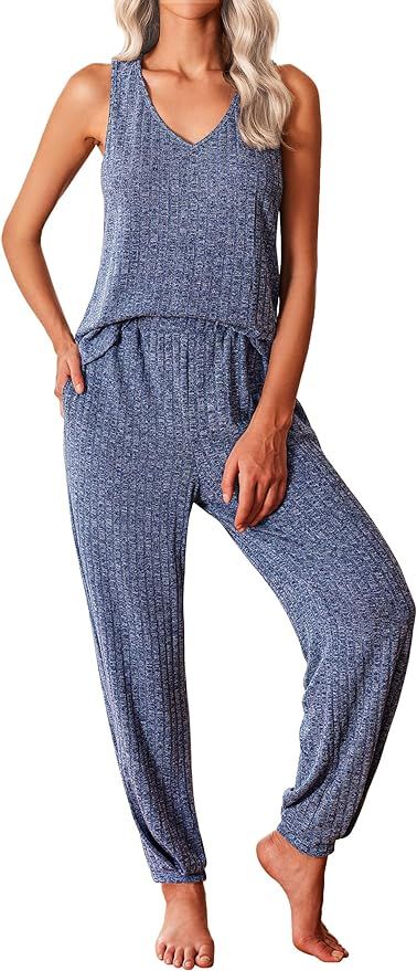 Ekouaer Women's Pajamas Sleeveless V Neck Pjs Lounge Sets Ribbed Knit 2 Piece Tank Pants Set Loun... | Amazon (US)