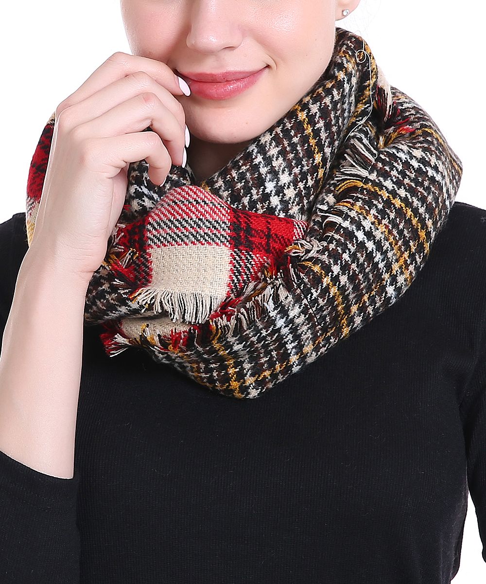 TROO Women's Cold Weather Scarves YELLOW/RED - Yellow & Red Plaid Reversible Infinity Scarf - Plus | Zulily