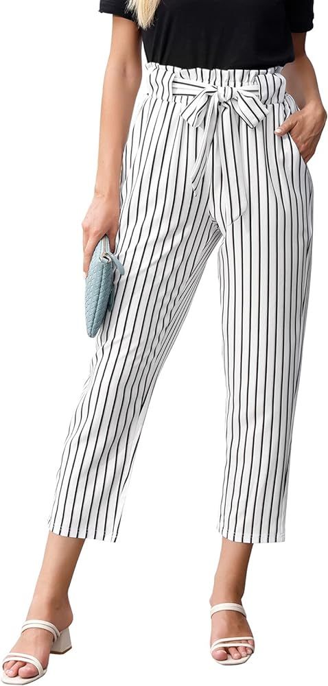 GRACE KARIN Women Pants 2024 Striped High Waist Pants Casual Paper Bag Pants with Pockets | Amazon (US)