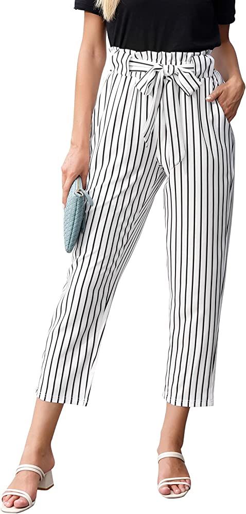 GRACE KARIN Women Pants 2024 Striped High Waist Pants Casual Paper Bag Pants with Pockets | Amazon (US)