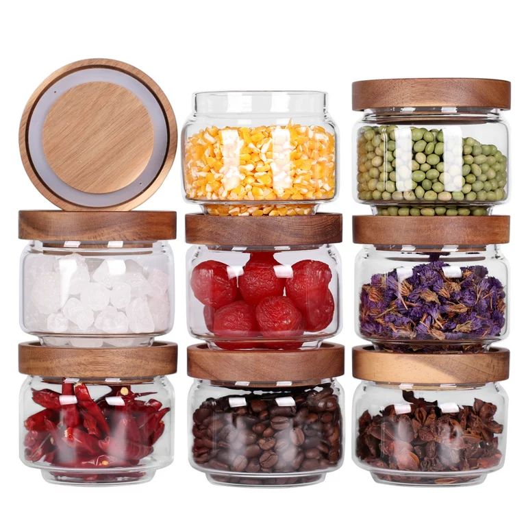 8 Pcs Spice Containers  8.5oz Glass Spice Jars With Acacia Lid and Labels - Stackable Empty Round... | Walmart (US)