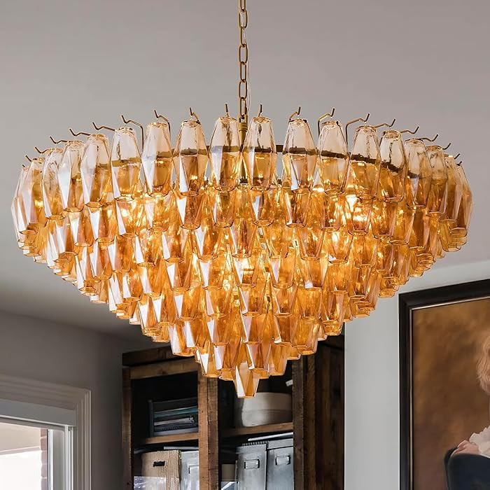 37" Extra Large Chandelier, 14-Light Gold Modern Round Chandelier for Living Room, Tiered Smoke B... | Amazon (US)