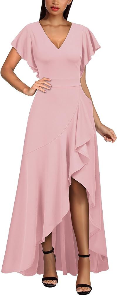Miusol Women's Formal V Neck Ruffle Split Evening Party Long Dress | Amazon (US)
